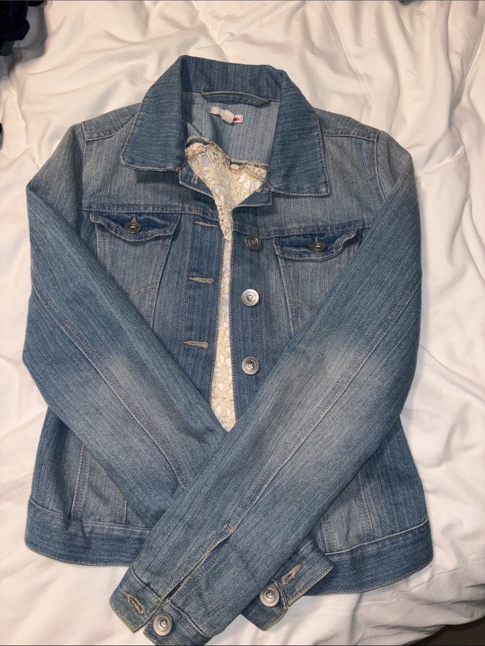 Light Wash Women's Denim Jacket with Lace Trim